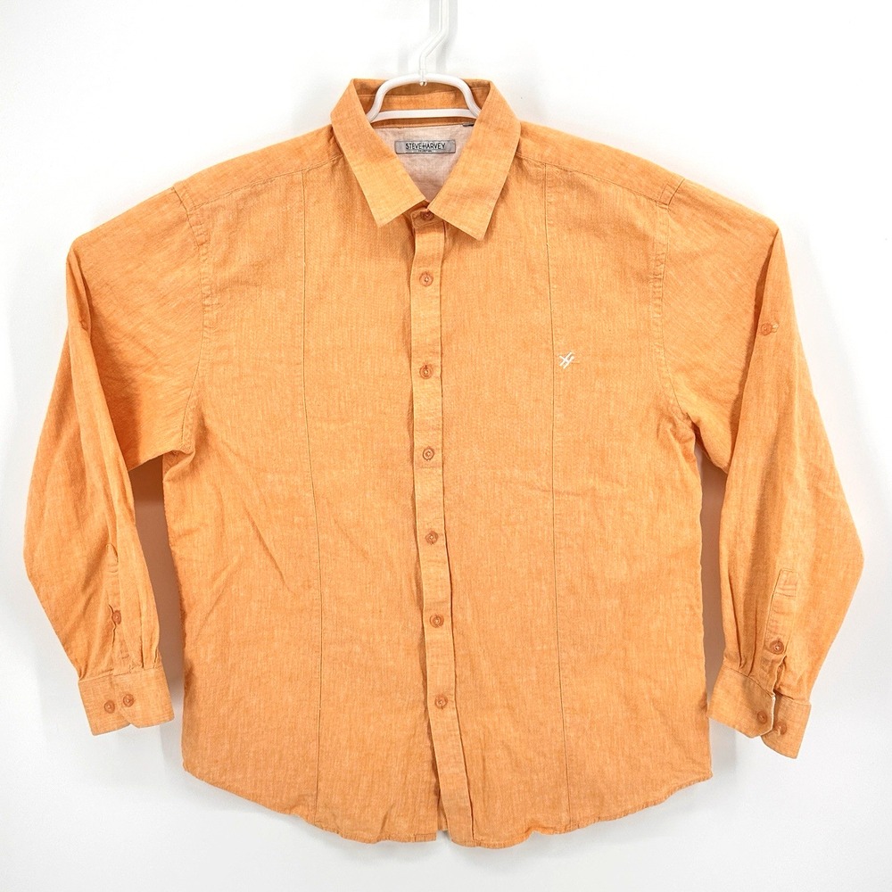 Steve Harvey Mens Size XL Orange Linen Blend Button Up Long Sleeve Shirt